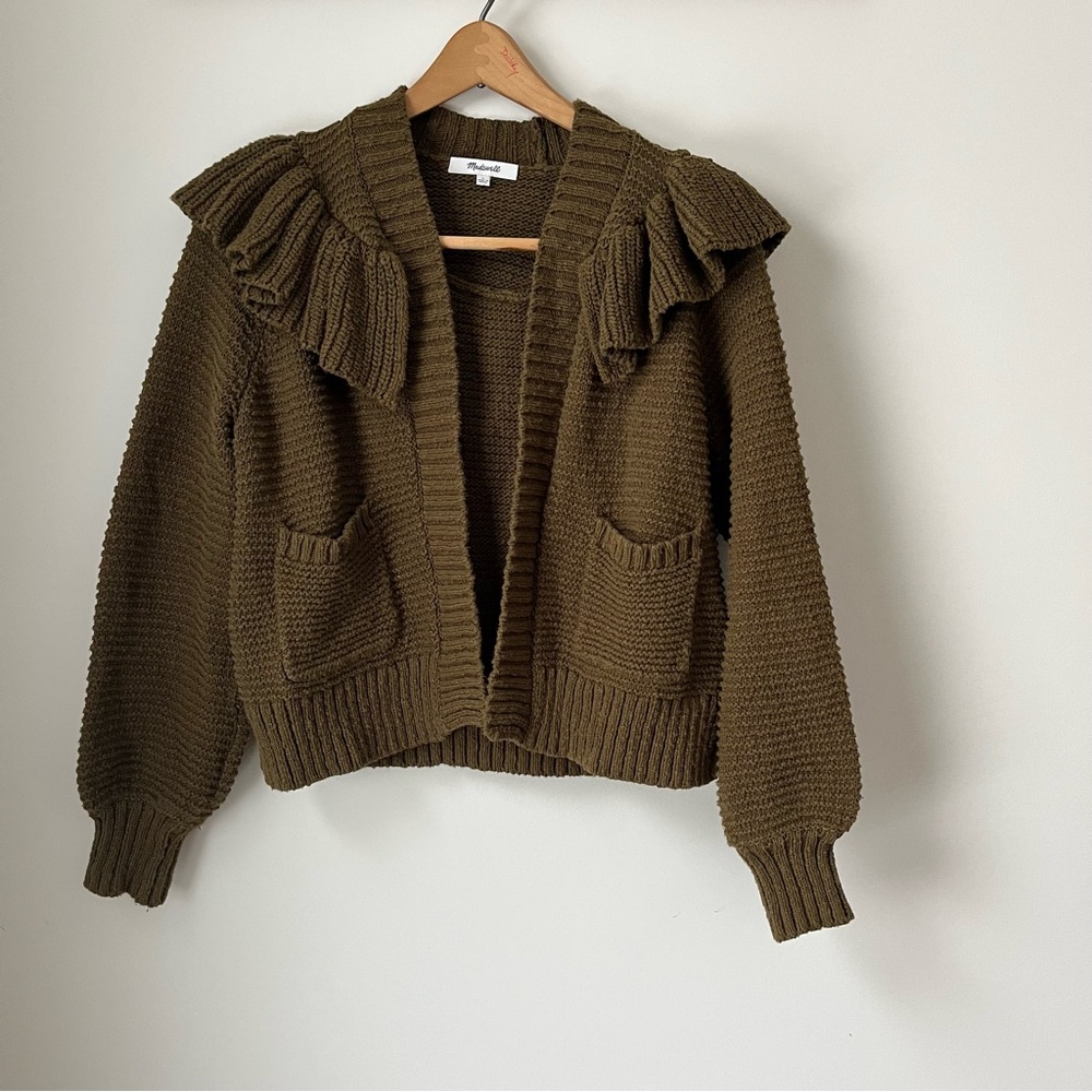 Madewell Women's Olive green Ruffle cardigan Sweater 100% cotton